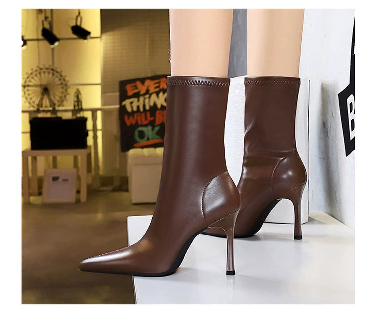 Fashion Minimalist Stiletto Heel Flats Pointed-Toe Skinny Middle Boots  boots_highheel