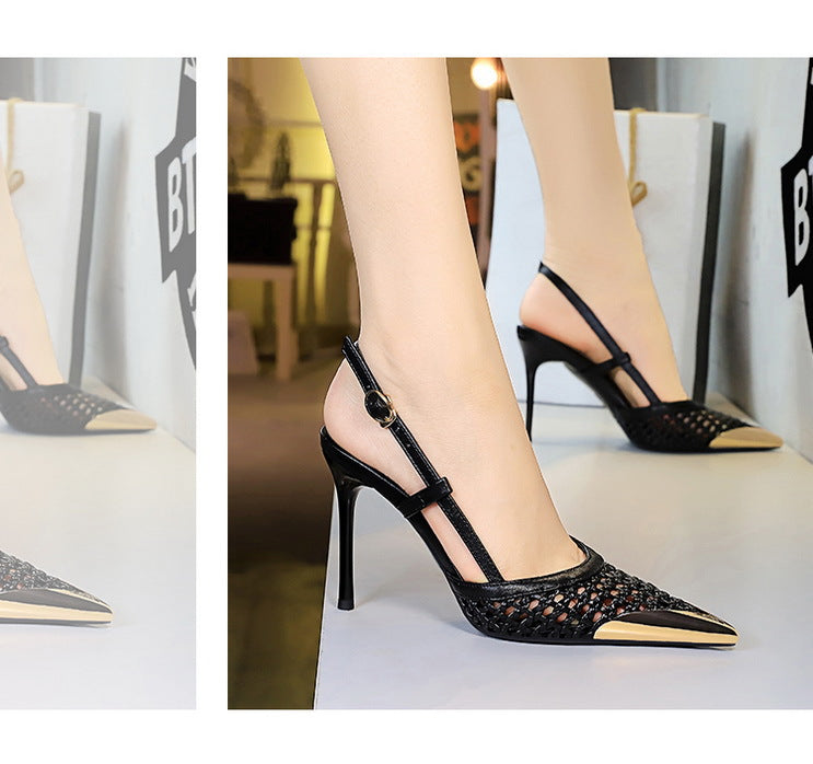 Fashion hollow Weaving Women Pumps Metal pointed tip High Heels Stiletto 9.5 cm buckle Summer Women's high-heeled sandals Shoes heels_stiletto