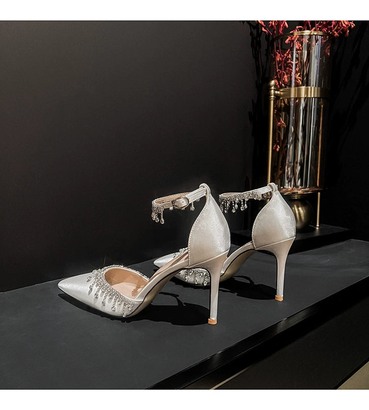 White Main Wedding Shoes Satin Flats Buckle High Heels Elegant Hollowed Sandals Plus Size Women's Shoes 41-43 heels_bridal