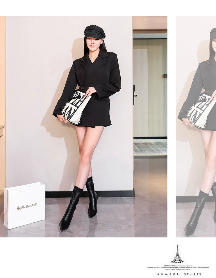 Fashion Minimalist Stiletto Heel Flats Pointed-Toe Skinny Middle Boots  boots_highheel