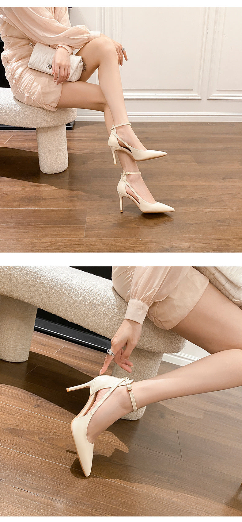 Ankle Strap Pointed Toe Women Slingback Pumps Black Matte Leather Hollow Stiletto High Heels Sandals 6CM and 8CM heels_stiletto