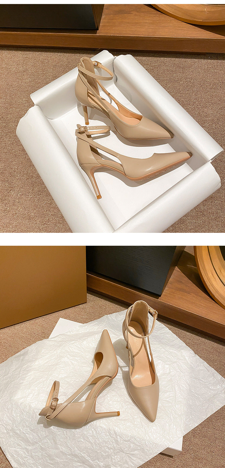 Ankle Strap Pointed Toe Women Slingback Pumps Black Matte Leather Hollow Stiletto High Heels Sandals 6CM and 8CM heels_stiletto