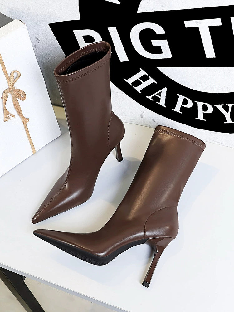 Fashion Minimalist Stiletto Heel Flats Pointed-Toe Skinny Middle Boots  boots_highheel