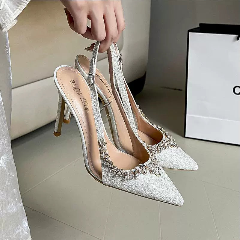 2025 Spring and Summer Pointed Toe Low-Cut Toe Cap Slingback Sandals Women's Stiletto Heel White Beautiful French Rhinestone Classy High Heels heels_bridal