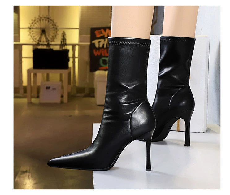 Fashion Minimalist Stiletto Heel Flats Pointed-Toe Skinny Middle Boots  boots_highheel