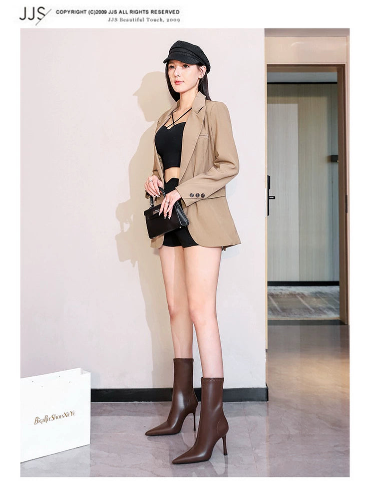 Fashion Minimalist Stiletto Heel Flats Pointed-Toe Skinny Middle Boots  boots_highheel