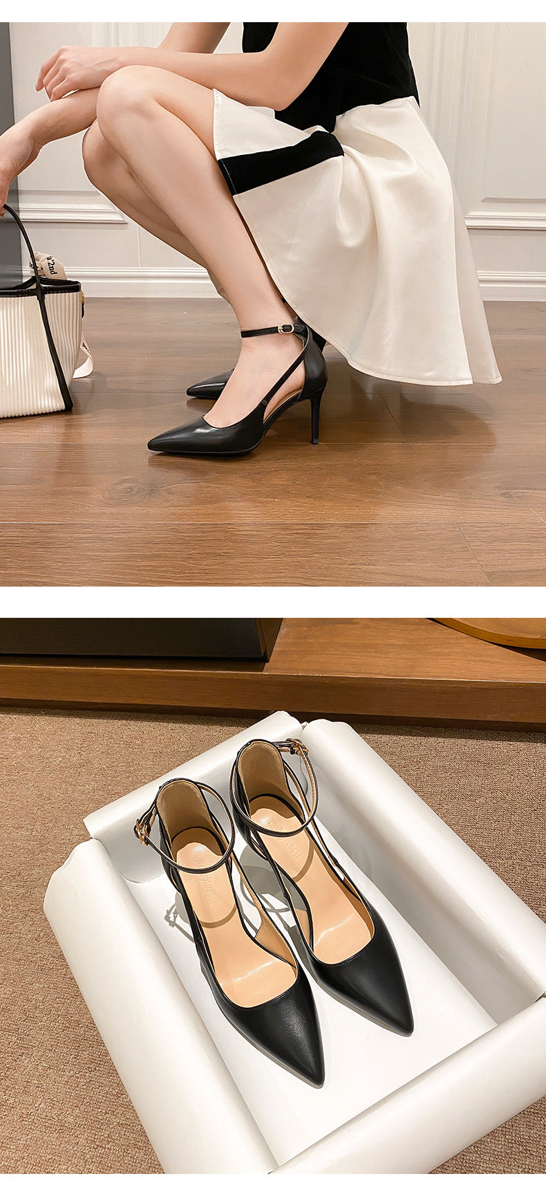 Ankle Strap Pointed Toe Women Slingback Pumps Black Matte Leather Hollow Stiletto High Heels Sandals 6CM and 8CM heels_stiletto