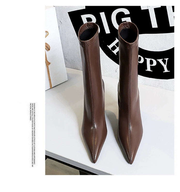 Fashion Minimalist Stiletto Heel Flats Pointed-Toe Skinny Middle Boots  boots_highheel
