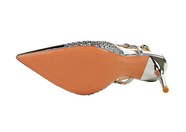 Fashion hollow Weaving Women Pumps Metal pointed tip High Heels Stiletto 9.5 cm buckle Summer Women's high-heeled sandals Shoes heels_stiletto