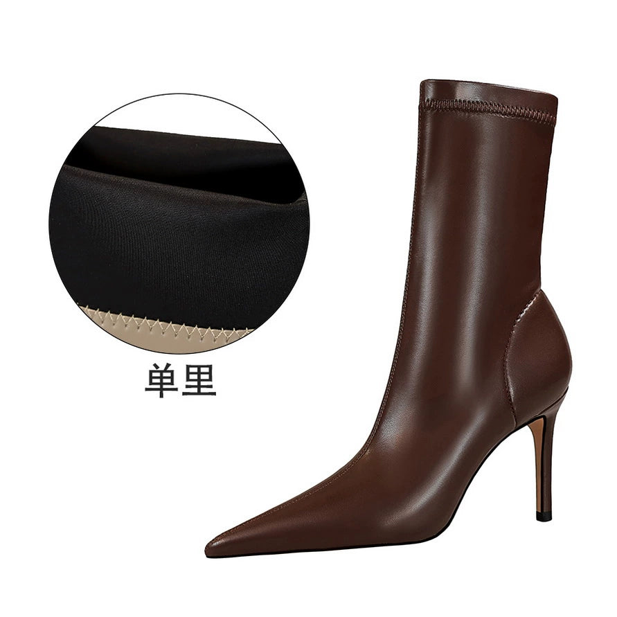 Patent Leather Spring And Autumn Stiletto Sexy Brown Middle Boots  boots_highheel