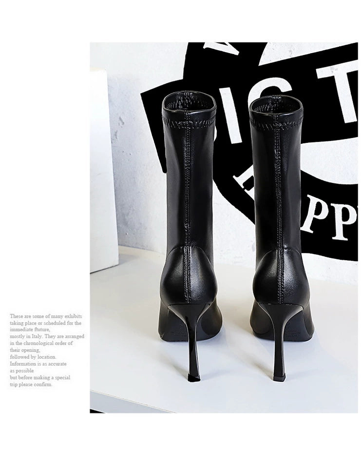 Fashion Minimalist Stiletto Heel Flats Pointed-Toe Skinny Middle Boots  boots_highheel