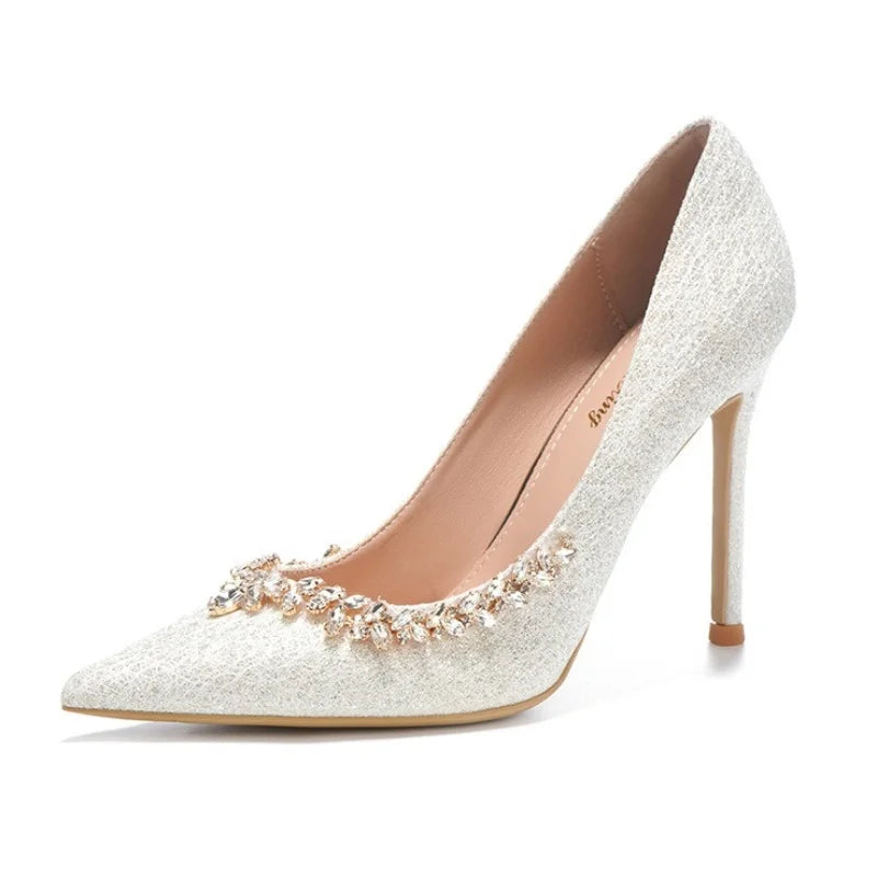 2025 New French Stiletto Heels Pointy Head Shallow Mouth Shoes Rhinodiamond-Edged Korean Version White Crystal Wedding Pumps heels_stiletto