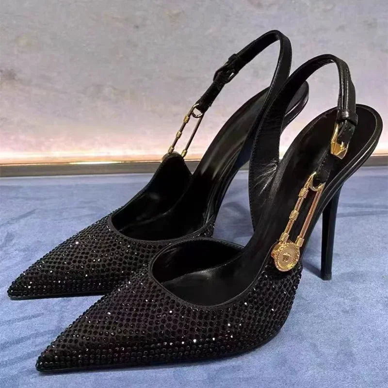 Women Shoes Luxury Rhinestones Sequined Buckle High Heels Elegant Pointed Toe Slingbacks Stiletto Shoes for Women Fashion Shoes heels_stiletto