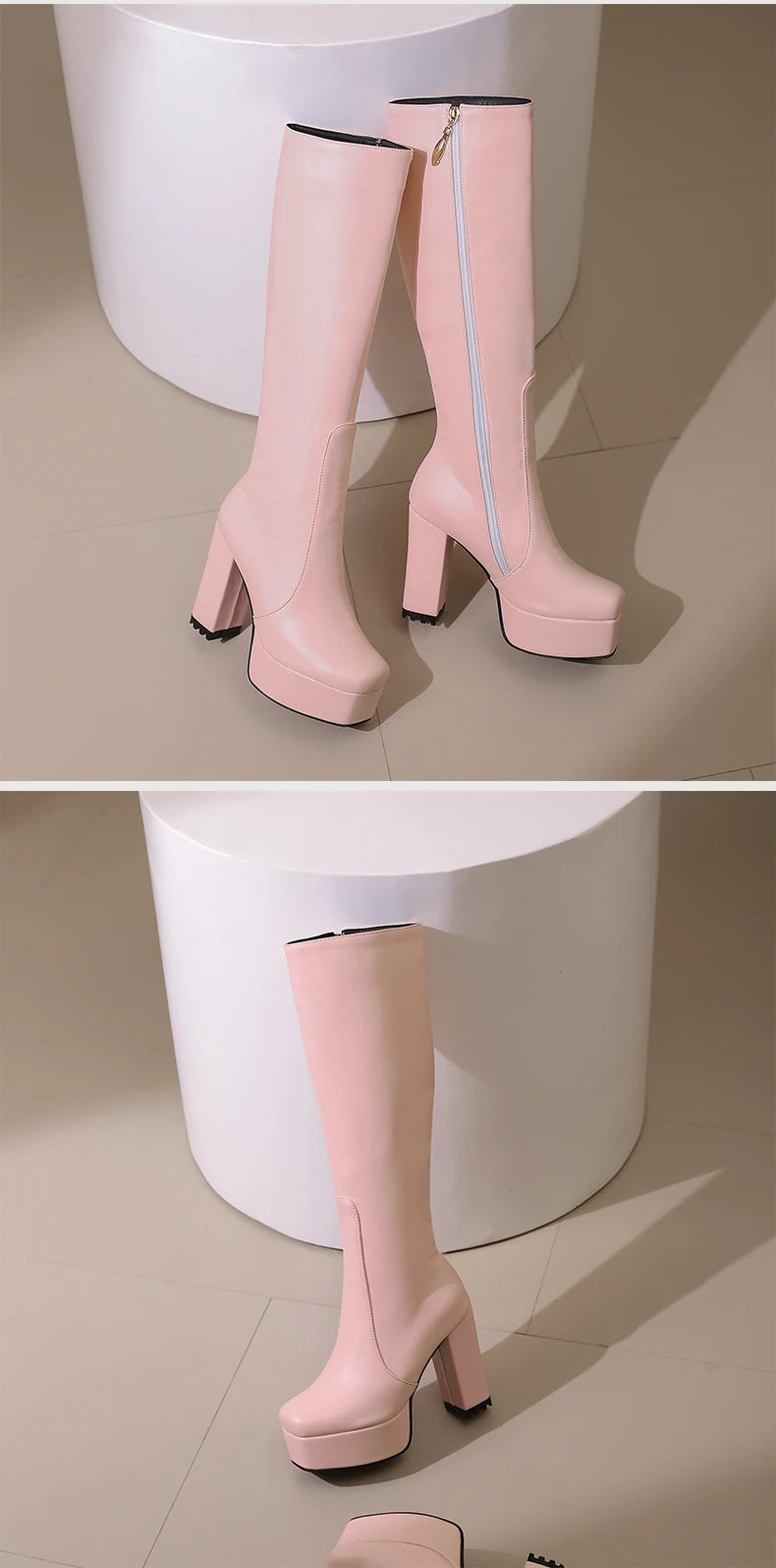 High Waterproof Platform Square Toe Solid Color Side Zipper Women's Knee High Boots Super High Thick Heel Office Boots boots_platform