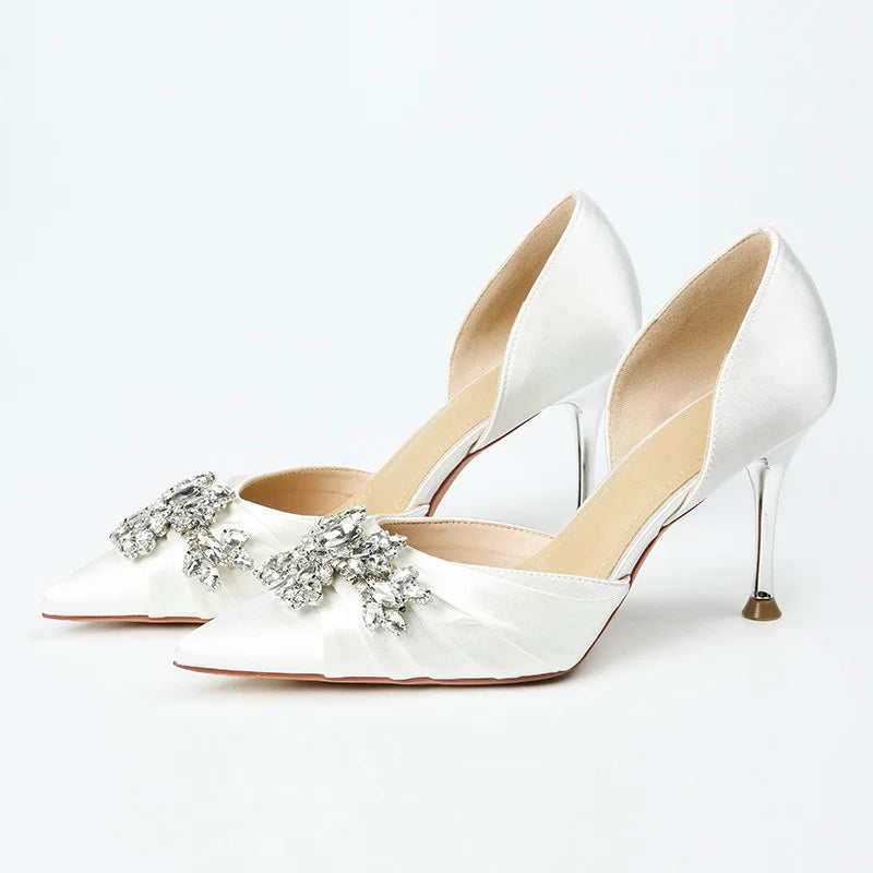 2025 Autumn New White French High Heels Pointy Rhine-Diamond Thin Heel Not Tired Foot Single Shoes Wedding Shoes heels_bridal