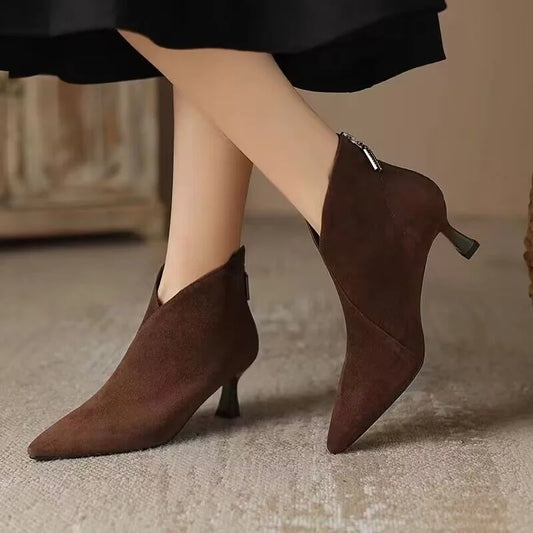 Brown suede short boots 2025 autumn-winter new style pointedtoe lowheeled nude boots with a back zipper large size women's boots boots_highheel
