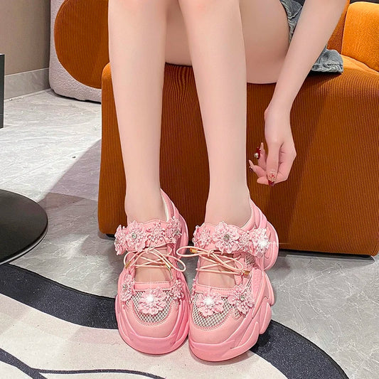 Women Platform Casual Breathable Crystal Flower Shoes Summer Chunky Sneakers 7.5CM Hidden Heels Hollow Leisure Shoes Woman sneakers_platform