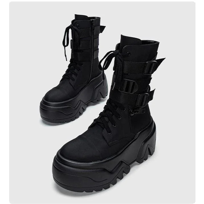 Women Ankle Booties Autumn Leather Chunky Shoes Woman High Platform Breathable Sneakers 9CM Thick Sole Wedges Motorcycles boots_platform