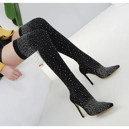 Design Crystal Rhinestone Stretch Fabric Sexy High Heels Sock Over-the-Knee Boots Pointed Toe Pole Dancing Women Shoes boots_highheel