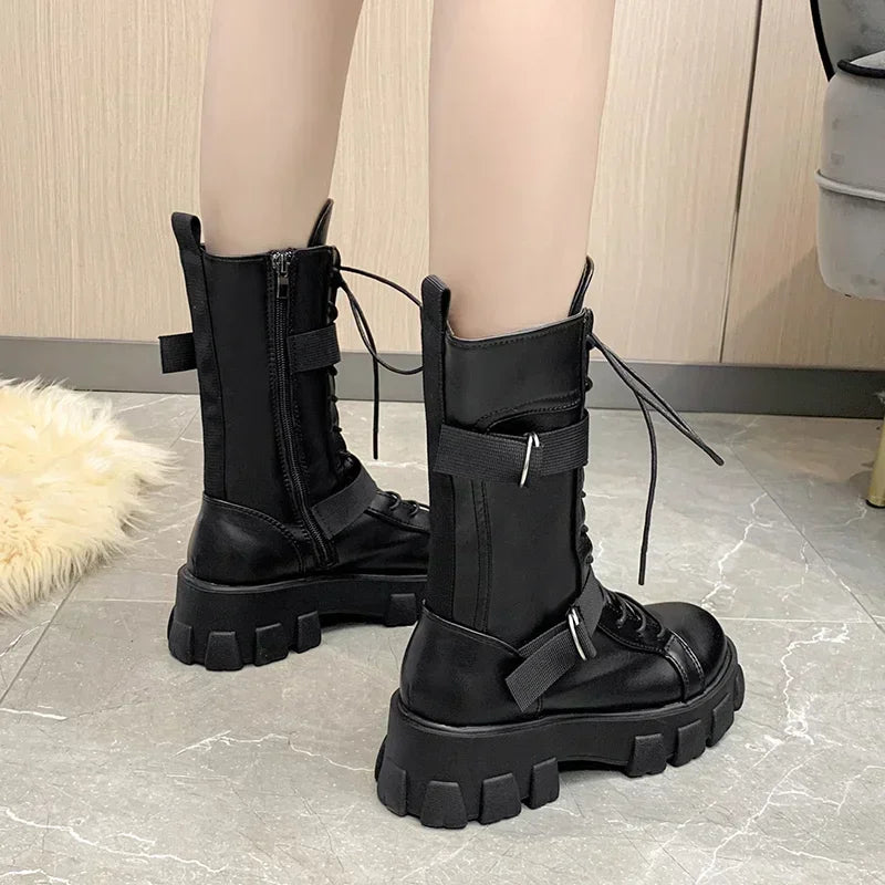 Women Mid-Calf Boots Pring Motorcycle Boots Women's Cosplay High Boots Punk Gothic Black High Heel Shoes Women Long Knight boots_platform