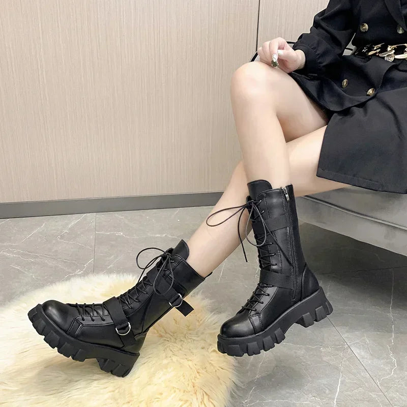 Women Mid-Calf Boots Pring Motorcycle Boots Women's Cosplay High Boots Punk Gothic Black High Heel Shoes Women Long Knight boots_platform