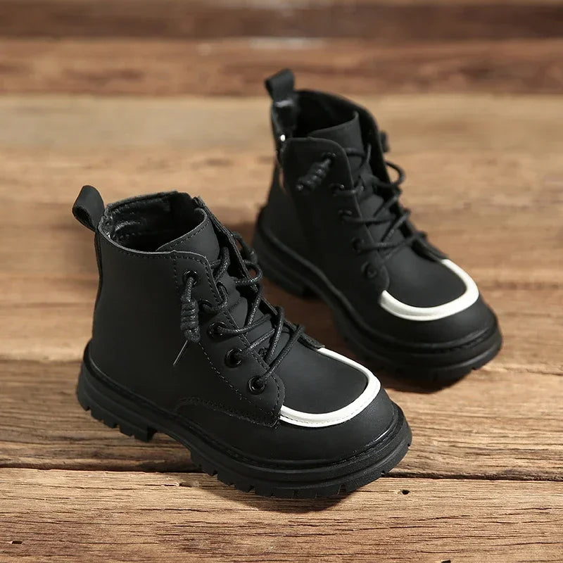 New Children Boots  soft leather Handsome Lace-up Trendy Kids Short Boot Matte PU Leather Anti-slip Unisex Boys Girls Shoes kids_shoes
