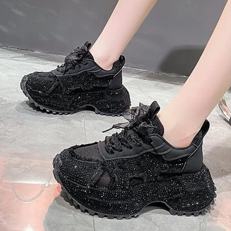 Luxury Women's Rhinestone Mesh Shoes Autumn Fashionable Versatile Inner Height Increasing Women Thick-soled Casual Sports Shoes sneakers_platform sneakers_luxury
