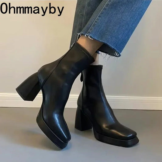 Vintage Square Toe Women Ankle Boots Fashion Back Zippers Short Booties Autumn Winter Laides Concise Largas Booties boots_platform