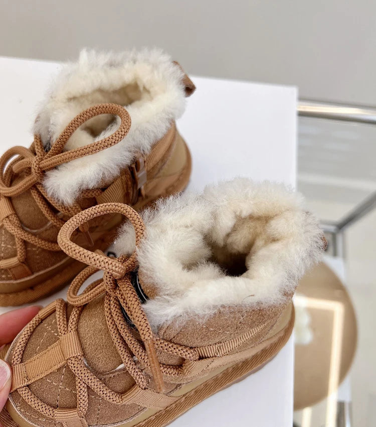 2025 New Winter Children Snow Boots Genuine Leather Warm Plush Toddler Boys Shoes Non-slip Fashion Baby Girls Boots 1-6 Years