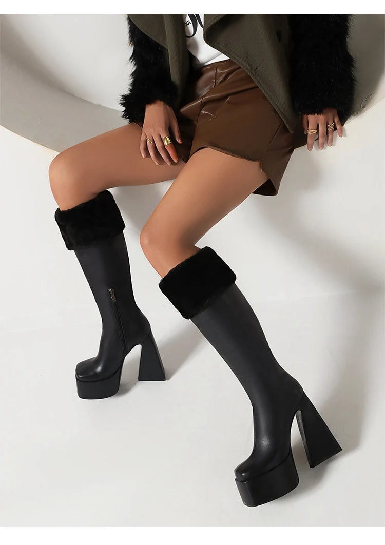 Plus Size Super High Profiled Tapered Heel Faux Fur Turned-Over Edge Warm Winter Snow Boots High Platform Square Toe Knee Boots boots_platform