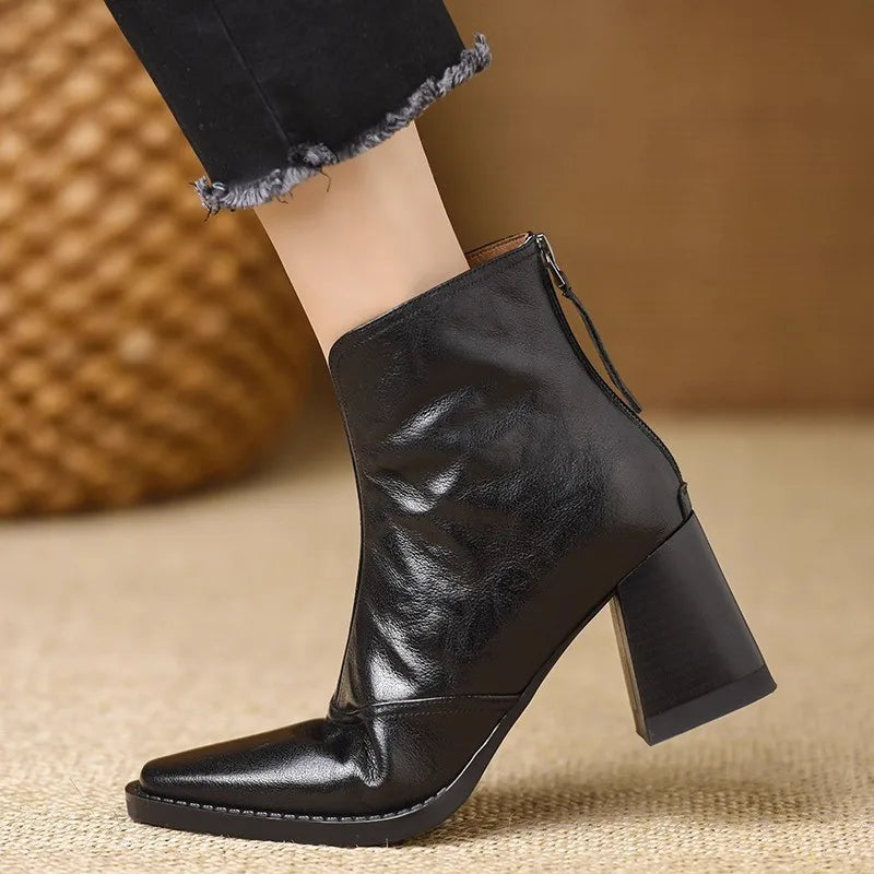 Retro Back Zip High Heel Boots Women's Autumn and Winter New Square Toe 100 Non-slip Wear Block Heel Short Boots boots_highheel
