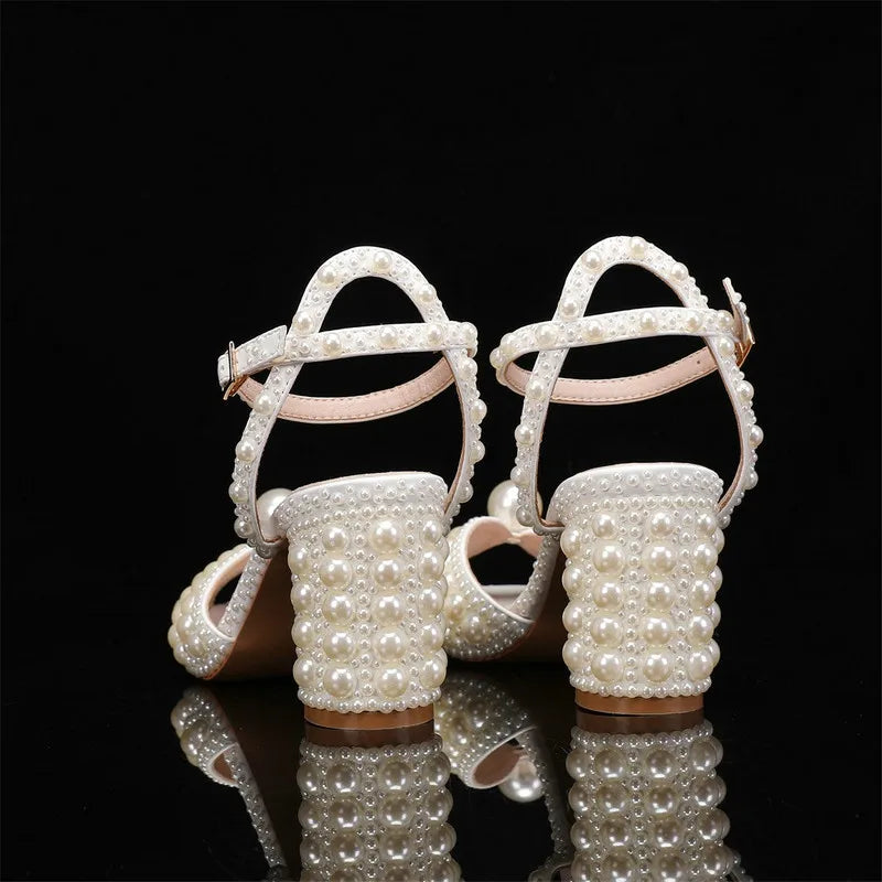 2025 New High Heels Thick Heel Shallow Mouth Women's Pearl Sandals Wedding Shoes Bridesmaid Shoes heels_bridal