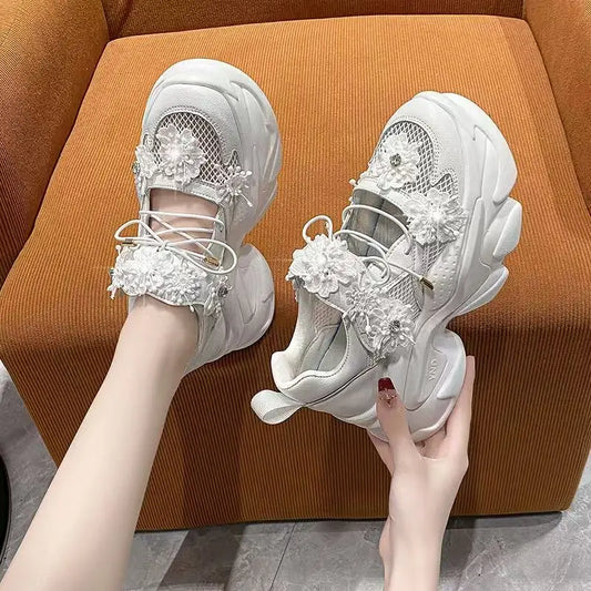 2025 Women's Air Mesh Sport Shoes Breathable Lace-Up Thick Heels Summer Hollow Motorcycle-Style Platform Wedge Ladies' Footwear sneakers_platform