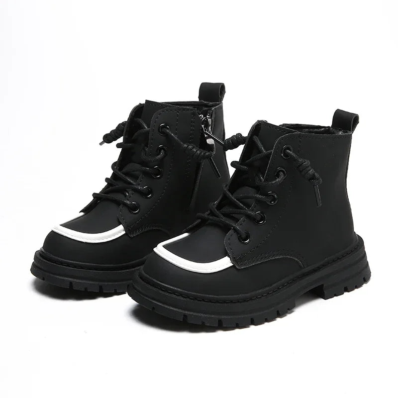 New Children Boots  soft leather Handsome Lace-up Trendy Kids Short Boot Matte PU Leather Anti-slip Unisex Boys Girls Shoes kids_shoes