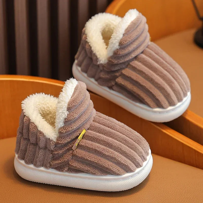New Winter Concise Stripe Plush Slippers Children's Non-slip Soft Sole Kids Boys Girls Heel Wrap Warm High Home Cotton Shoes kids_shoes