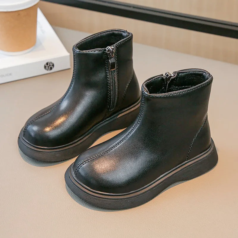 Children Fashion Boots Simple Girls Ankle Boot Black Kids Short Leather Boots Side Zipper Thick Bottom Autumn Winter 2024 New kids_shoes