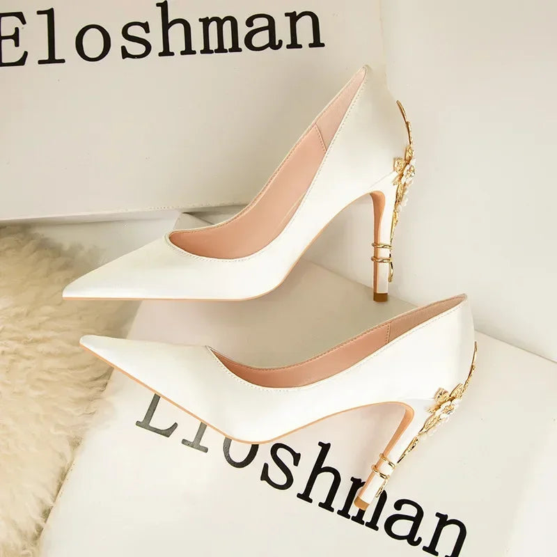 Women's Metal Flowers Stiletto High-heel Shoes Female  Light Luxury Sexy Fashion Wedding Shoes Pointed Toe Satin Single Shoes heels_stiletto