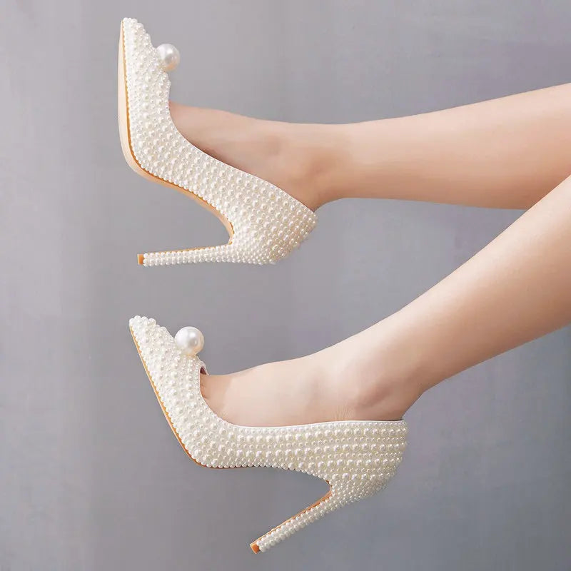 11cm Pearl Wedding Shoes Thin Heel Pointed Single Shoe Large Size Women's Shoes Bride Shoes Dinner Women's Pumps heels_bridal