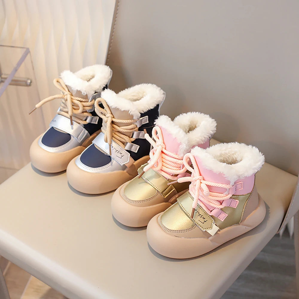 Winter Plush Snow Boots For Children PU Leather Waterproof Cotton Shoes Trend Fashion Teenager Kid's Velvet Boots Winter Shoes