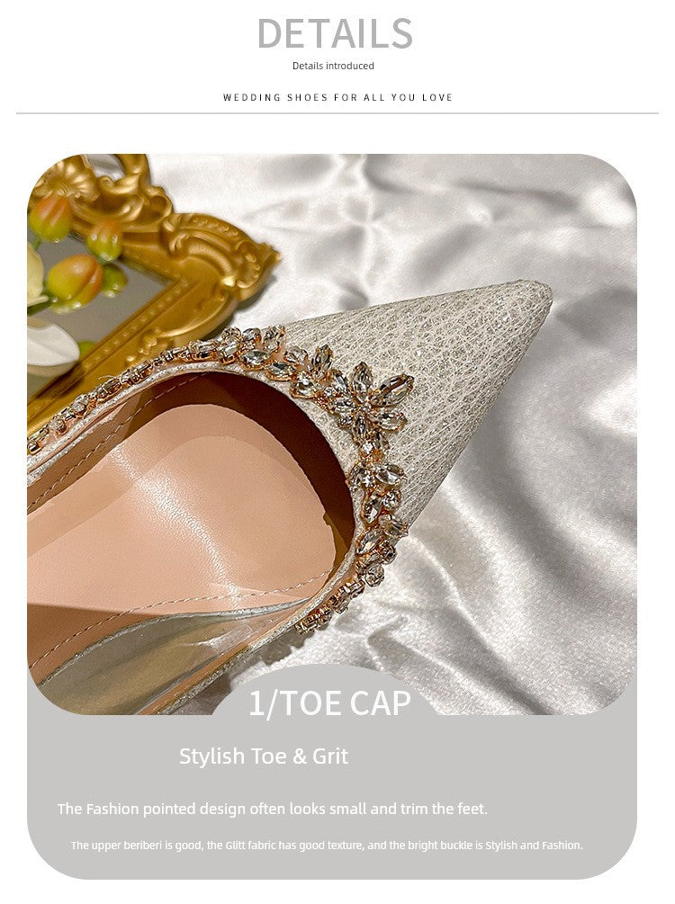 2025 Spring and Summer Pointed Toe Low-Cut Toe Cap Slingback Sandals Women's Stiletto Heel White Beautiful French Rhinestone Classy High Heels heels_bridal