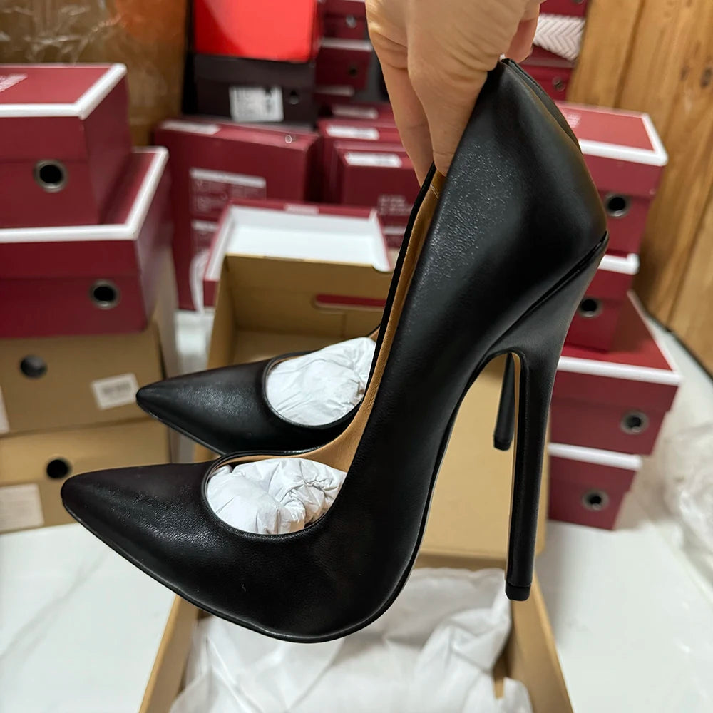 Tikicup Plus Size 40-48 Solid Black 15cm Extremely High Heel Pointy Toe Stiletto Pumps Slip On Crossdress Gragon Queen Shoes heels_stiletto