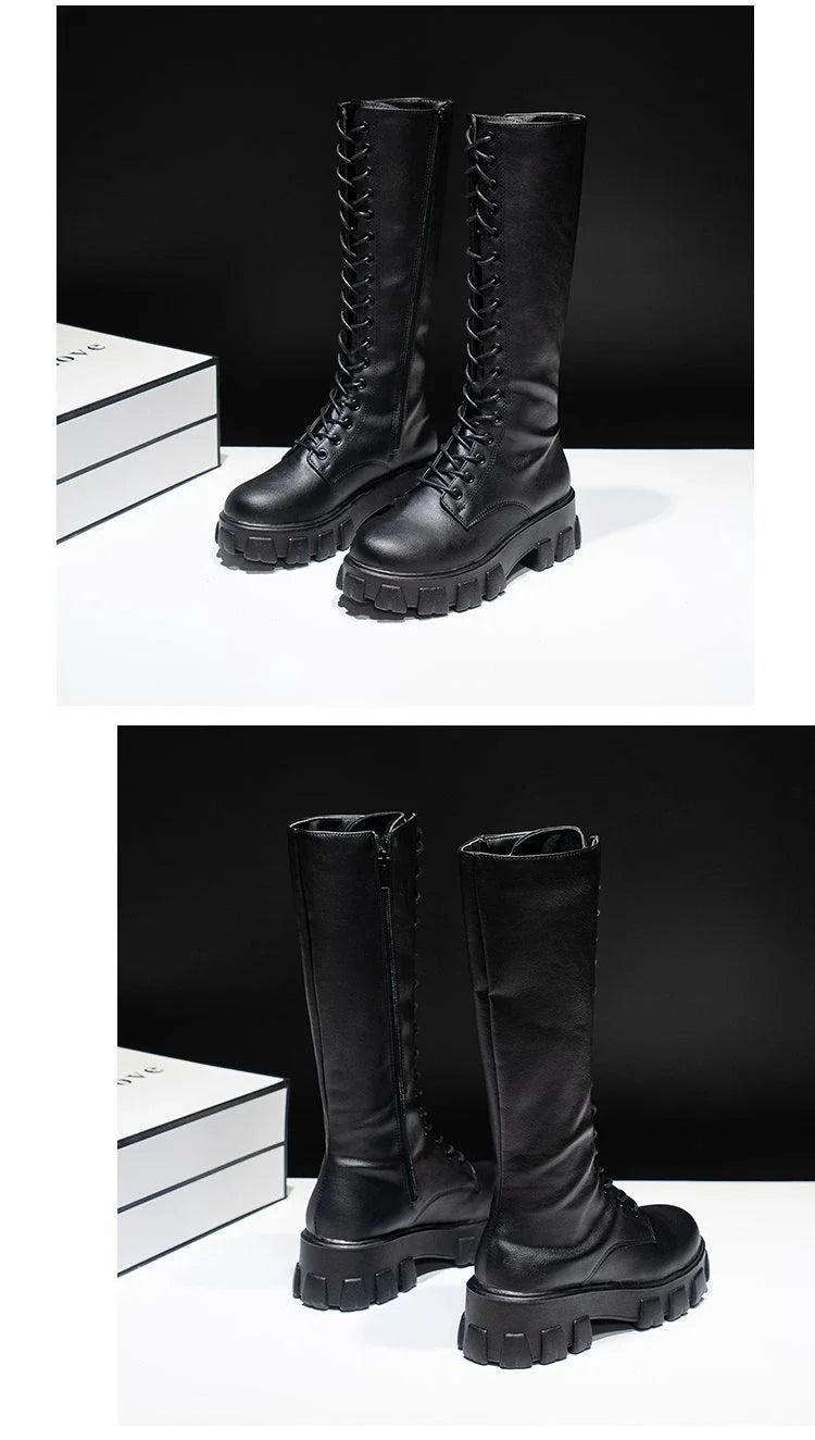 Women's Mid Calf Boots Padded Shoes Knee High Winter Sneakers Punk Style Military Casual White Black 2024 Lucury Platform Woman boots_platform