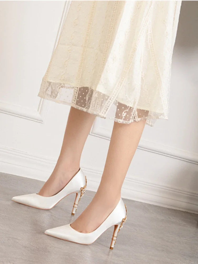 Women's Metal Flowers Stiletto High-heel Shoes Female  Light Luxury Sexy Fashion Wedding Shoes Pointed Toe Satin Single Shoes heels_stiletto