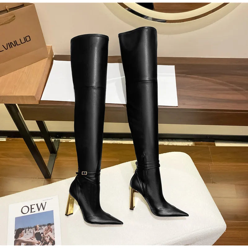 Fashion Autumn Winter Soft Leather Stretch Women Thigh high Boots Elegant Pointed toe High heels Over the knee Boots Party Shoes boots_highheel