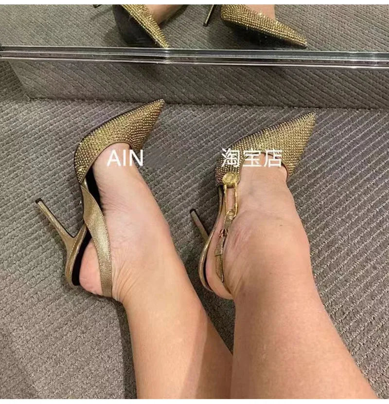 Women Shoes Luxury Rhinestones Sequined Buckle High Heels Elegant Pointed Toe Slingbacks Stiletto Shoes for Women Fashion Shoes heels_stiletto