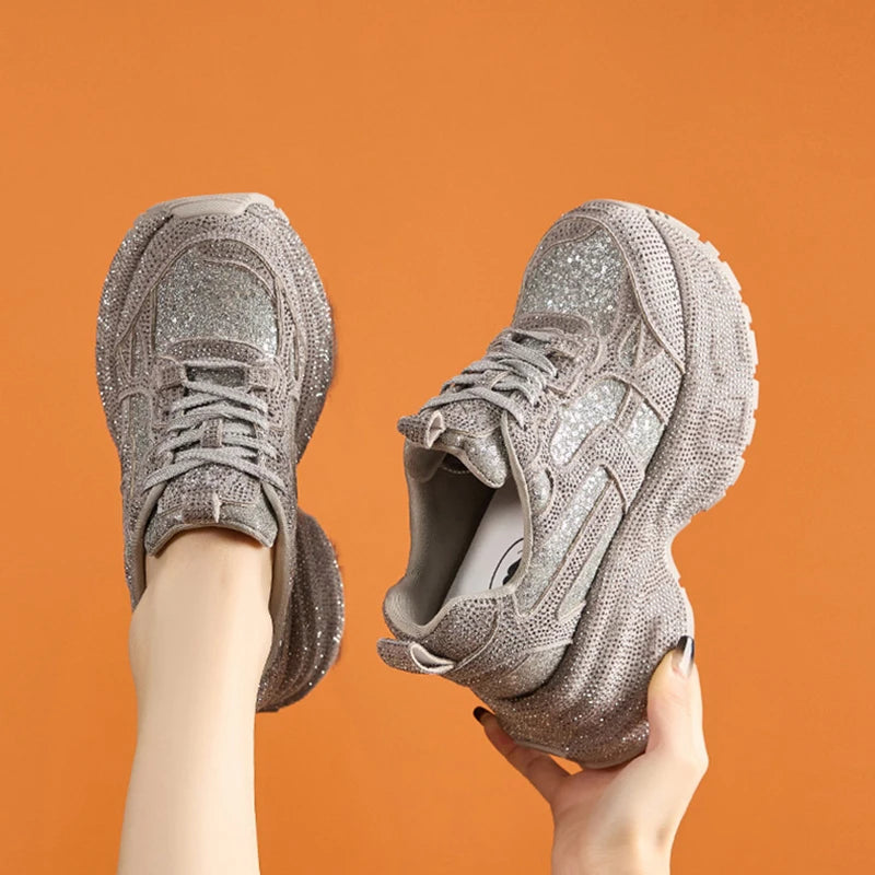 Women's Rhinestone Shoes Autumn Fashionable and Versatile Inner Height Increasing Women's Shoes Thick-soled Casual Sports Shoes sneakers_platform