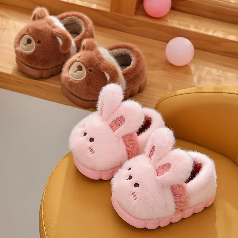 New Children's Cartoon Animals Heel Wrap Plush Slippers Soft Sole Non-slip Winter Warm Baby Boys Girls Indoor Home Cotton Shoes kids_shoes
