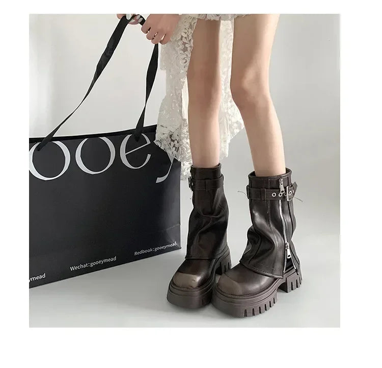 Winter Women Biker Boots Fashion Belt Buckle Ladies Elegant Platform Long Pipe Booties Casual Women's Knee High Booties2025 boots_platform