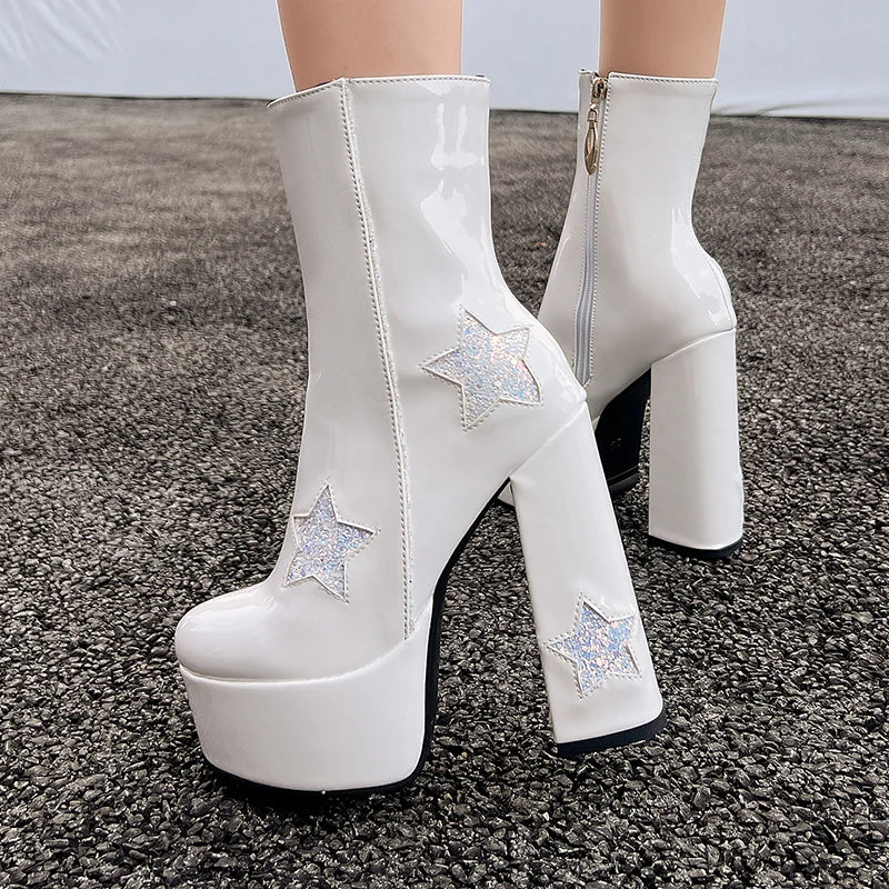 Plus Size Shiny Patent Leather Inlaid With Five-Star Sequin Cloth Super High Platform Women's Short Boots Side Zipper Sweet Boot boots_platform