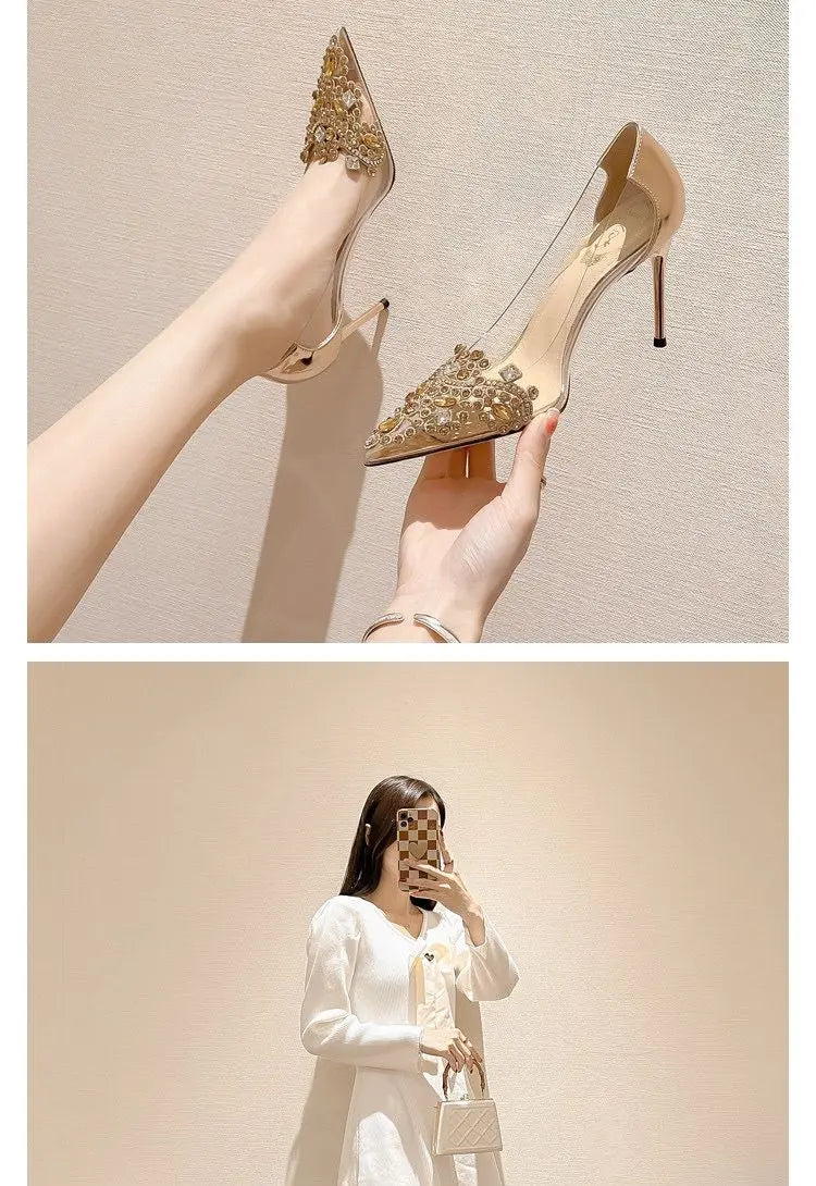 Pointed toe stiletto women's high heels women's shoes fashion women's shoes wedding shoes high heel 8cm transparent bow gemstone heels_stiletto